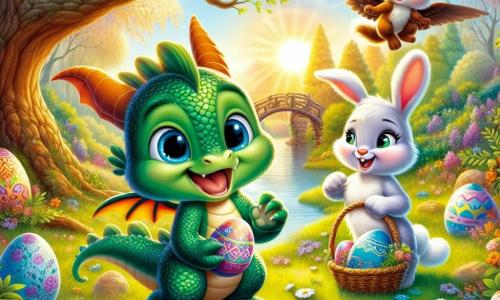 Flamin, un pequeño dragón de escamas verde esmeralda y grandes ojos azules brillantes, se encuentra en el centro de la escena, su rostro radiante de alegría y emoción mientras sostiene un huevo de Pascua colorido con sus patas. A su lado, Bombón, una adorable conejita de grandes orejas y pelaje blanco, sonríe con asombro, sosteniendo una pequeña cesta llena de flores. Piquito, un pato amarillo brillante, nada alegremente en un pequeño arroyo cercano, salpicando agua con sus alas, mientras Chispa, una pequeña ardilla de ojos traviesos, trepa por una rama de árbol, observando la escena con una sonrisa pícara. El decorado es un claro encantado, bañado por la luz dorada del sol, rodeado de árboles florecidos de colores vivos y flores silvestres que bailan al viento. Al fondo, un viejo roble majestuoso se erige, sirviendo de punto de referencia para la búsqueda del huevo mágico. La situación principal muestra a Flamin y sus amigos celebrando el descubrimiento del huevo de Pascua, rodeados de risas y colores brillantes, simbolizando la amistad y la magia de este día especial.