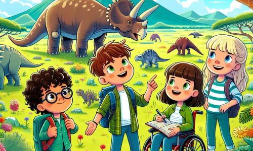 En una vasta llanura prehistórica, cuatro amigos se encuentran juntos, maravillados por su entorno. Lucas, un niño de 10 años con cabello rizado y gafas, observa con curiosidad un enorme triceratops a pocos metros de ellos. A su derecha, Sofía, una niña de 9 años con cabello largo y castaño, toma notas en un pequeño cuaderno, su rostro iluminado por la emoción. A la izquierda, Javier, un niño de 10 años con cabello corto y rubio, señala un grupo de dinosaurios a lo lejos, su amplia sonrisa revela su entusiasmo. Finalmente, Clara, una niña de 9 años en silla de ruedas, los observa con ojos brillantes, su sonrisa irradia determinación. El paisaje es una llanura verde, salpicada de flores coloridas y grandes árboles, bajo un cielo azul brillante. A lo lejos, se dibujan montañas en el horizonte, mientras que dinosaurios majestuosos se mueven pacíficamente por el paisaje. Los amigos, fascinados por la descubrimiento de este mundo prehistórico, están listos para explorar y aprender de las criaturas que los rodean, simbolizando su aventura de viaje en el tiempo.