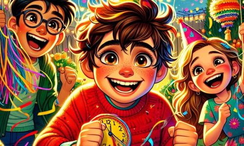 Un niño de 12 años, Nico, con cabello castaño desordenado y ojos brillantes de alegría, se encuentra en el centro de la escena, sonriendo ampliamente con mejillas sonrojadas por la emoción. Lleva un suéter rojo brillante y un gorro de fiesta colorido, sosteniendo una pequeña piñata en forma de reloj en sus manos. A su lado, Luis, su mejor amigo de 12 años, con cabello negro y gafas, ríe sosteniendo serpentinas multicolores, de pie a la izquierda. Sofía, una niña de 11 años con cabello largo rubio y un vestido de flores, está decorando el jardín con origami suspendido, a la derecha de Nico. La escena tiene lugar en el jardín de Luis, iluminado por guirnaldas brillantes y lleno de globos coloridos, creando una atmósfera festiva y alegre. Los niños están rodeados de risas y gritos de alegría, listos para celebrar el Año Nuevo juntos, con confeti flotando en el aire.