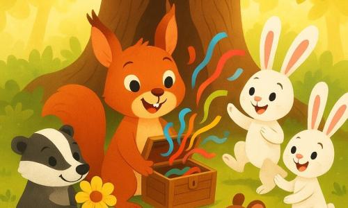 Emil, das rotbraune Eichhörnchen mit weichem Fell und spitzen Ohren, lächelt und hält eine offene Holzschachtel mit bunten Bändern; Pia, der kleine grauschwarze Dachs, sitzt links, hält eine große gelbe Blume und schaut staunend auf die Schachtel; Hoppel und Moppel, zwei weiße Kaninchen mit langen gestreiften Ohren, hüpfen rechts vor Freude, eines zeigt eine gefundene Zeichnung, das andere klatscht begeistert; Lilli, die schüchterne braune Maus, steht bei den Wurzeln des Stamms, lächelnd mit einem Papierhinweis; die Szene spielt am Fuß einer hohlen Eiche mit moosbedeckten Wurzeln, in einem Kreis aus Blättern und kleinen roten Pilzen, durch die goldene Sonnenstrahlen fallen — die Freunde haben gerade die Schatzkiste geöffnet, bunte Bänder schweben in der Luft, Ausdruck von Staunen, Kameradschaft und warmer, festlicher Stimmung.