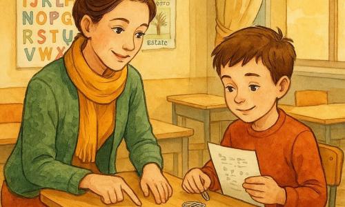 Un'insegnante trentenne, sorriso dolce e sguardo benevolo, capelli castani raccolti in uno chignon, sciarpa senape e cardigan di lana, è accovacciata vicino a una scrivania di legno spiegando una divisione mostrando graffette disposte in piccoli mucchietti; un ragazzo di circa 9 anni, capelli corti castani, espressione sollevata e concentrata, tiene un foglio di matematica e riposiziona una graffetta seduto alla destra dell'insegnante vicino alla panca; aula luminosa di pomeriggio con finestre alte e tende leggere, tavoli in legno chiaro, poster colorati con alfabeto e stagioni, una scatola di cartoncini verdi, gialli e rossi sulla scrivania; situazione calda e accogliente con toni ocra e verdi morbidi, tratti d'inchiostro netti e lavature di colore e luce dorata del tardo pomeriggio che entra dalla finestra, l'insegnante aiuta lo studente a comprendere una divisione pratica usando le graffette come "caramelle".
