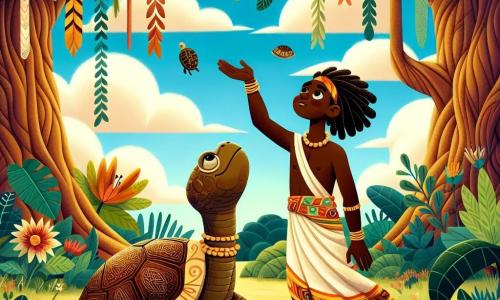 Kofi, ein afrikanischer Mann in seinen Dreißigern, steht mutig im Mittelpunkt der Bühne. Er hat eine warme braune Haut, krauses Haar und trägt einen bunten Rock mit traditionellen Mustern. Sein Gesicht drückt Entschlossenheit und Weisheit aus, während er die Arme gen Himmel hebt und die Kräfte der Natur um Hilfe bittet. Neben ihm beobachtet eine weise alte Schildkröte mit einer von natürlichen Mustern geschmückten Panzer ihn mit mitfühlenden Augen. Im Hintergrund entfaltet sich ein majestätischer Dschungel mit großen, dicken Bäumen, hängenden Lianen und leuchtenden Blumen, die Farbtupfer hinzufügen. Der Himmel ist tiefblau mit weißen Wolken, und ein leichter Wind lässt die Blätter tanzen. Die Szene zeigt Kofi, der sich darauf vorbereitet, dem Zauberer Tunde gegenüberzutreten, um die Harmonie zwischen den Menschen und der Natur wiederherzustellen.