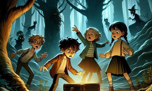 En un claroscuro del bosque, cuatro amigos están juntos: Lucas, un niño de 10 años con el cabello castaño desordenado, observa con curiosidad una misteriosa caja antigua, mientras que Emma, una niña de 9 años con cabello rubio y rizado, expresa su miedo escondiéndose detrás de él. Sofía, una niña de 10 años con trenzas negras, observa la escena con una expresión preocupada, y Javier, un niño de 9 años con gafas redondas, señala la caja, con el rostro marcado por la emoción y la aprensión. El lugar es un claro oscuro, rodeado de grandes árboles con troncos nudosos, cuyas ramas se entrelazan como brazos amenazantes. Sombras bailan en el suelo, creando una atmósfera misteriosa y ligeramente inquietante, mientras una ligera niebla se eleva, envolviendo las raíces de los árboles. La situación principal muestra a Lucas abriendo la caja, revelando una esfera de cristal brillante que emite luces centelleantes, mientras una sombra amenazante comienza a formarse detrás de ellos, lista para surgir. Los amigos, paralizados entre la curiosidad y el miedo, se dan cuenta de que pueden haber despertado algo peligroso.