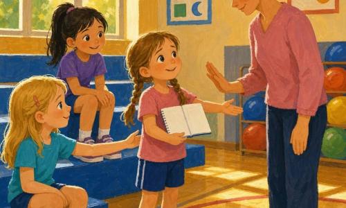 Niña de 6 años: Marina, cara redonda, cabello castaño claro en dos trenzas, ojos grandes y húmedos, expresión vacilante que se vuelve aliviada, sostiene una pequeña libreta blanca abierta con una página en blanco y extiende la mano hacia la maestra; mujer de unos 30 años: la maestra, piel clara, cabello castaño recogido en moño, sonrisa suave y mirada benevolente, de pie frente a Marina con la palma abierta en señal de consuelo; niña de 6 años: Lola, cabello negro en coleta, sonríe esperando en las gradas con las manos sobre las rodillas y una mirada alentadora hacia Marina; niña de 6 años: Clara, cabello rubio, sentada junto a Marina en un banco, extiende la mano para apoyarla con actitud amistosa; lugar: gimnasio escolar con suelo de madera brillante, grandes ventanas que dejan entrar una luz dorada, bancos azules, pelotas de colores apiladas en un rincón y carteles del alfabeto en la pared; situación principal: momento íntimo y luminoso en que Marina entrega su libreta vacía a la maestra, alumnos alrededor, atmósfera tranquila y expresión de verdad y alivio en los rostros.