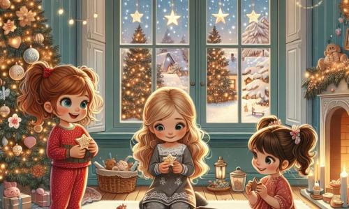 En una cálida casa navideña, tres niñas están reunidas alrededor de un hermoso árbol decorado. Ana, de 7 años con cabello largo y castaño y pijama rojo, observa maravillada las luces brillantes del árbol. Junto a ella, Bea, de 6 años con cabello rubio y rizado, sonríe sosteniendo una estrella de papel que acaba de hacer. Carla, la más pequeña con 5 años y cabello castaño en dos coletas, está sentada en la alfombra, rodeada de galletas en forma de estrella, lista para compartir con sus hermanas. La habitación es acogedora, con paredes azul pastel y guirnaldas luminosas en las ventanas. La chimenea crepita suavemente, proyectando luz dorada sobre el suave tapete. La nieve cae suavemente afuera, creando un paisaje de ensueño. Las tres niñas ríen y comparten galletas, mientras un pequeño duende llamado Pepo, con un sombrero verde y una sonrisa brillante, aparece de repente detrás del árbol, listo para revelarles la magia de la Navidad.