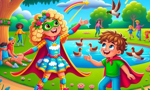 Lola, una joven superheroína con cabello rizado y dorado, lleva un disfraz colorido con motivos de nubes y soles. Tiene una gran sonrisa en el rostro, con ojos chispeantes de travesura, mientras se inclina para hablar con un grupo de patines que parecen cobrar vida a su alrededor, como si le contaran un chiste. Max, su amigo travieso, es un niño de 10 años con el cabello castaño despeinado y una capa roja ondeando detrás de él. Se ríe a carcajadas, con los brazos en alto, justo al lado de Lola, listo para ayudarla en esta divertida situación. El escenario es un parque soleado, lleno de vegetación exuberante, flores coloridas y familias paseando. Al fondo, se ve un lago brillante donde nadan patos pacíficamente, mientras un majestuoso árbol ofrece sombra a algunos niños que juegan al frisbee. La situación principal muestra a Lola conversando alegremente con los patines que, por alguna razón misteriosa, han decidido animarse y hacer piruetas a su alrededor, mientras Max, divertido, intenta imitarlos saltando y bailando.