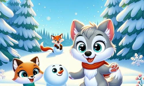 Leo, un piccolo lupo dai peli grigi e dagli occhi scintillanti, è gioioso e curioso mentre salta nella neve fresca, con un grande sorriso sul volto. Vicino a lui, la volpe di neve, una volpe dal pelo bianco splendente e dagli occhi maliziosi, osserva Leo ridendo, con le zampe nella neve, pronta a giocare. Lo scenario è una foresta invernale magica, con alberi coperti di neve scintillante, fiocchi che cadono dolcemente dal cielo azzurro e un grande tappeto di neve che brilla sotto il sole. La scena principale mostra Leo e la volpe che costruiscono un pupazzo di neve, circondati da risate e gioia mentre si divertono insieme in questo paesaggio incantato.