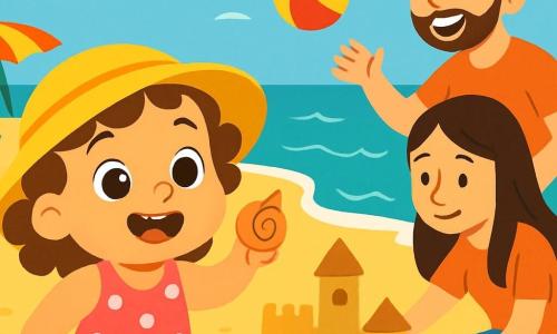 A 2-year-old girl with big bright eyes and curly hair joyfully smiles while holding a spiral-shaped shell in her hand. She wears a pink polka-dotted swimsuit and a yellow sun hat. Next to her, her mother, a woman around 30 with long straight hair, is crouching down, building a sandcastle with colorful buckets. The father, a man about 30 with a light beard, stands nearby, laughing and throwing a ball to his daughter. The scene takes place on a sunny beach with golden sand stretching as far as the eye can see, turquoise waves gently crashing on the shore, and colorful umbrellas dancing in the wind. The little girl is fascinated by the beauty of the shell she found, while her family enjoys creating a magnificent sandcastle, surrounded by laughter and joy.