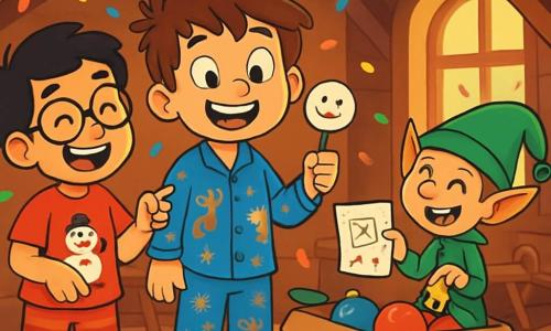 Hay 3 personajes: - Lucas: Un niño de 8 años con el cabello castaño desordenado y ojos llenos de curiosidad. Lleva un pijama azul con motivos de renos y calcetines navideños de colores. Está de pie en el centro, sosteniendo un malvavisco con forma de cara sonriente. - Mateo: Un niño de 8 años, mejor amigo de Lucas, con cabello negro y gafas redondas. Lleva una camiseta roja con un muñeco de nieve y pantalones de pijama a rayas. Está a la izquierda de Lucas, riendo y señalando la nota del duende. - El Duende Bromista: Un pequeño duende con orejas puntiagudas, una gran sonrisa traviesa y un sombrero verde con pompón. Está sentado sobre una caja de decoraciones, sosteniendo una pequeña campana dorada. Está a la derecha de Lucas, listo para hacer una broma. El lugar es un desorden alegre en el desván de una casa decorada para Navidad. Guirnaldas brillantes cuelgan del techo, cajas de decoraciones coloridas están esparcidas por el suelo y un viejo trineo de madera es visible al fondo. La luz suave de una ventana ilumina la escena, creando una atmósfera mágica. La situación principal muestra a Lucas y Mateo, maravillados, descubriendo al duende bromista que les ha dejado sorpresas. Ríen juntos, rodeados de confeti de colores, mientras el duende, con un aire travieso, parece listo para llevarlos a una nueva aventura llena de risas y magia.
