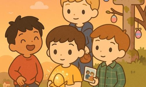 Quatro crianças: Tiago, 11 anos, cabelos castanhos curtos, camiseta amarela, olhos curiosos, segura um pequeno ovo dourado no centro; Rúben, 11 anos, cabelos pretos despenteados, sweat vermelho, sorriso largo, à esquerda de Tiago, aponta para o céu rindo, mão numa bolsa com amêndoas; Martim, 11 anos, cabelos castanho-claro, camisa xadrez verde, olhar pensativo, à direita de Tiago, estende um cartão colorido para uma família ao fundo; Duarte, 12 anos, cabelos loiros, casaco azul, expressão calma e protetora, fica atrás de Tiago com um pequeno saco. Local: miradouro gramado no topo de uma colina ao pôr do sol, pedras de uma cruz antiga cobertas de musgo, céu alaranjado com nuvens rosadas, alguns fitilhos e ovos pendurados nos arbustos, vista de casinhas abaixo. Situação: os quatro compartilham um ovo dourado brilhante que deram a uma família mais adiante; luz suave do crepúsculo faz o papel dourado cintilar, atmosfera calorosa e generosa, expressões de alegria e surpresa, composição centrada na mão estendida e no ovo luminoso.