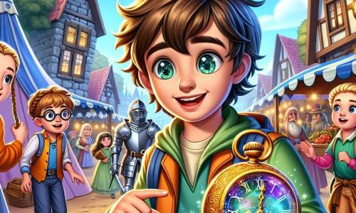 Um menino de 10 anos, com cabelos castanhos bagunçados e olhos brilhantes de curiosidade, está no centro da imagem, segurando um antigo e misterioso relógio brilhante nas mãos, com um sorriso maravilhado no rosto. Ao seu lado, uma menina de 10 anos, com óculos redondos e cabelos trançados, observa o menino com uma mistura de empolgação e preocupação, enquanto outro menino de 10 anos, com olhar aventureiro e roupas coloridas, aponta para uma grande tenda ao longe, onde cavaleiros armadurados conversam. Ao fundo, uma vila medieval animada se desenrola, com casas de pedra e telhados de palha, barracas de mercado cheias de frutas e pães, e crianças brincando na rua. A cena representa o momento em que o grupo de jovens amigos descobre que viajaram no tempo, prontos para explorar esse mundo fascinante e viver uma aventura inesquecível.