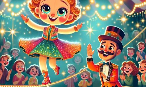 Păpușa, o păpușă adorabilă din țesătură cu ochi strălucitori și un zâmbet radiant, dansează cu grație pe o frânghie întinsă, fața ei strălucind de entuziasm și determinare. Poartă o rochiță colorată împodobită cu sclipici care strălucește sub luminile circului. Aproape de ea, Vasile, un circăreț înalt și zâmbitor cu o mustață cârlionțată și un pălărie înaltă, o încurajează cu entuziasm, brațele ridicate în semn de aplauze. Locul este un circ vibrant, cu un mare cort cu dungi roșii și albe, iluminat de ghirlande de lumini strălucitoare. Spectatorii uimiți, cu fețe vesele, umplu băncile de lemn, creând o atmosferă festivă și magică. Păpușa realizează un număr îndrăzneț, sărind printr-un cerc de foc, în timp ce publicul aplaudă cu entuziasm, captivat de curajul și prestația ei spectaculoasă.