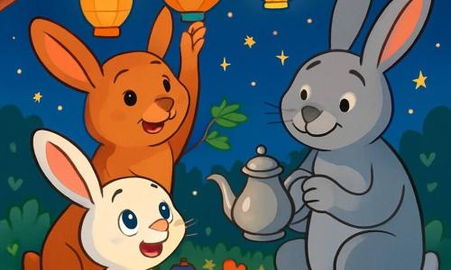 Hoppel, der kleine weiße Hase mit großen Ohren und neugierigen, strahlenden Augen, sitzt auf dem grünen Gras und schaut in den sternenklaren Himmel. Er hält eine kleine bunte Lampe in seinen Pfoten, die sein Gesicht sanft erleuchtet. Neben ihm hängt Mama Hase, eine sanfte braune Mami mit einem warmen Blick, bunte Laternen an einen Ast, ihr Gesicht strahlt vor Freude. Papa Hase, ein kräftiger grauer Hase, poliert eine hübsche Teekanne aus Metall und wirkt konzentriert, aber zufrieden. Die Szene spielt in einem charmanten nächtlichen Garten, voller leuchtender Blumen und funkelnder Sterne am Himmel. Bunte Laternen hängen von den Bäumen und schaffen eine magische, festliche Atmosphäre. Hoppel, begeistert von der Schönheit der Nacht, bereitet sich darauf vor, den Beginn des Ramadan mit seiner Familie zu feiern, umgeben von Lachen und Licht, bereit, Momente des Teilens und der Freude zu erleben.