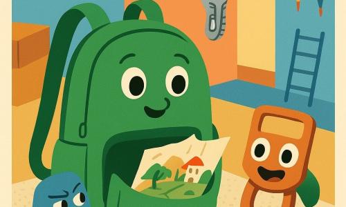 Un rucsac verde deschis numit Pufi, rotunjit și moale, cu două bretele atârnând, ochi brodați și o buzunar mare deschis, pare curios și ține o hartă mototolită între bretele; un fermoar argintiu antropomorfizat (Fermoarul), cu dinți strălucitori și un zâmbet „zîîp”, plutește deasupra gurii rucsacului ca un prieten protector; o cataramă mare metalică cu reflexe cuprii (Catarama), cu ochi pictați, privește entuziasmat harta, iar un buzunar lateral din material în dungi (Buzunarul Lateral) e sceptic și indică harta; decorul e un hol luminos în tonuri pastel, cu plafoane joase, prag și covor crem texturat, o cutie de carton ușor deschisă, un cuier cu umbrele colorate și o scară mică metalică sprijinită de perete; scena surprinde clipa în care rucsacul descoperă harta „Satul de sub plintă”, cu blocuri de culoare clare, umbre moi și texturi sugerate (fibrele covorului, metalul lustruit, cusăturile rucsacului), într-o atmosferă de aventură naivă și veselă.
