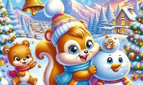Ein kleiner, funkeläugiger Eichhörnchen namens Fips lacht fröhlich, während er einen großen Schneeball auf eine hängende Glocke wirft, die eine fröhliche Melodie erzeugt. Neben ihm bauen zwei Plüschbären mit lächelnden Gesichtern und bunten Schals einen großen Schneemann, ihre Pfoten voller Schnee. Im Hintergrund eine bezaubernde Winterlandschaft mit glitzernden Bergen unter einem klarblauen Himmel und sanft fallenden Schneeflocken. Die Szene spielt in einem festlichen Dorf, geschmückt mit bunten Lichtern und Girlanden, wo sich alle Tiere versammeln, um das Neue Jahr in einer fröhlichen und herzlichen Atmosphäre zu feiern.