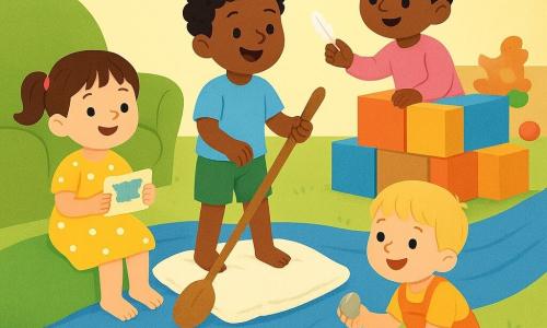 There are four children: a 5-year-old girl with short brown hair in pigtails tied with red ribbons wearing a yellow polka-dot dress sitting left on a chair-shaped hill holding a small fabric card and smiling; a 6-year-old boy with curly black hair in a sky-blue t-shirt and green shorts standing center, pushing a pillow raft with a wooden spoon as a rudder; a 4-year-old boy with straight blond hair in orange overalls crouched right holding a shiny pebble; and a 5-year-old girl with long black hair in a bun with a barrette wearing a pink sweater standing behind a fort of boxes offering a small white feather; setting: a large bedroom turned into an adventure landscape with a green carpet like a meadow, a chair-shaped hill, a “river” of blue sheet, a colorful box fort, hanging lamps like lanterns and scattered toys; main scene: the four little adventurers cross the “river” on the pillow raft, laughing and sharing treasures, warm atmosphere, vivid colors, simple shapes, soft textures.