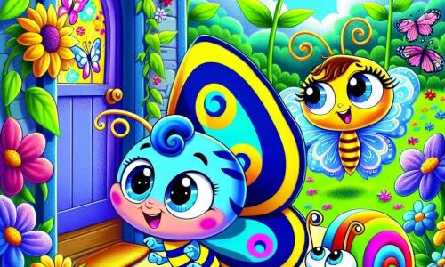 In the center of the image, a small blue butterfly named Carl, with bright stripes and sparkling curious eyes, stands in front of a door adorned with colorful patterns, an excited expression on his face. Next to him, Bella, a beautiful yellow butterfly with delicate wings, joyfully smiles, her vibrant wings reflecting the sunlight as she enthusiastically points to the door. Benny, a wise snail with a colorful spiral shell, is slightly in the background, observing with a thoughtful gaze, his eyes wide with wonder. The setting is a lush garden, filled with vibrant flowers of all colors, tall sunflowers swaying gently in the breeze, and a blue sky dotted with fluffy clouds. The scene captures the magical moment when Carl and his friends discover a mysterious door in the garden, ready to lead them to a new adventure full of promise.
