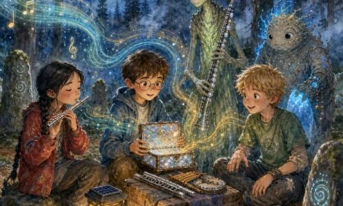 Five characters: Theo (11, short brown hair, round face, thin glasses) gently holds a small pearly instrument box at center; Mira (11, fair skin, long black braid, worn red jacket) to his left blows a small shiny metal flute; Benji (11, tousled blond hair, green tee) to his right taps a rhythm on his knee; Sola (nonbinary alien, pale bark-like skin with soft green glow, slender) stands just behind the box holding a beaded 