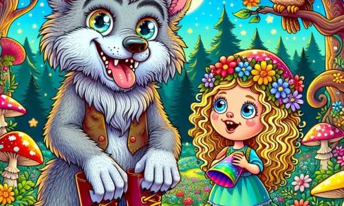 Ein Werwolf mit großen Ohren und weichem, silbernem Fell, dessen Augen vor Schalk funkeln, steht in der Mitte der Szene und lacht fröhlich. Er trägt viel zu große Stiefel, was ihn noch komischer macht. Neben ihm lächelt ein 8-jähriges Mädchen mit lockigem, goldenem Haar bewundernd, während sie eine bunte Papiertrompete hält. Ein weiser Uhu, der auf einem Ast sitzt, beobachtet die Szene mit großen, neugierigen Augen und ist bereit, eine Geschichte zu erzählen. Die Szene spielt in einer verzauberten Wiese, die mit bunten Blumen und riesigen Pilzen gefüllt ist, unter einem sternenklaren Himmel, in dem der Mond wie eine große silberne Scheibe leuchtet. In der Ferne verleihen Bäume mit verdrehten Stämmen und schimmernden Blättern der Umgebung einen magischen Touch. Der Werwolf und das Mädchen bereiten eine große Feier vor, während sie gemeinsam lachen und ihren Bereich mit funkelnden Lichtergirlanden und sternförmigen Ballons dekorieren.