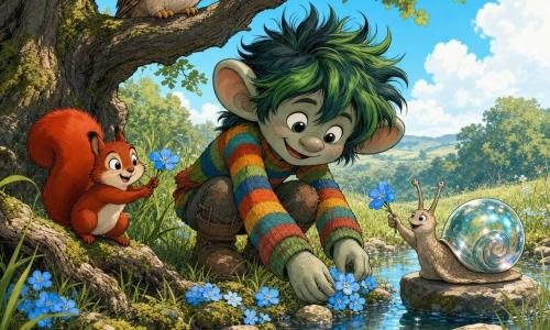 Personajul principal este un troll numit Bubu, zâmbitor și curios, cu păr verde în șuvițe, urechi mari rotunde, piele gri-verzuie, pulover în dungi colorate și cizme murdare, care așază cu grijă flori bleu-ceruleu pe malul unui pârâu; o veveriță jucăușă pe nume Nono, cu blană roșcată, îl ajută ținând o floare de pe o rădăcină mare, iar un melc bătrân cu cochilie irizată stă pe o piatră în pârâu oferind și el o floare cu o antenă ridicată; o bufniță înțeleaptă numită Salcie, cu penaj cărămiziu și alb, stă pe o creangă joasă a unui stejar noduros și aprobă din aripă; locul este un pajiște însorită la marginea unui pârâu sclipitor, cu pietre acoperite de mușchi și iarbă înaltă, scena transmite un moment liniștit și vesel în care creaturile împart frumusețea florilor, redat în culori vii, texturi moi și contururi clare, ca în banda desenată franco-belgă.
