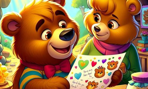 Benny, a young brown bear with sparkling eyes and a red bow tie, sits at a wooden table in his cave, a big smile on his face. He holds a large colorful paper filled with drawings and words of love for his mom. Next to him, Mama Bear, a big gentle bear with golden fur and affectionate eyes, reads the letter with tears of joy in her eyes, a radiant smile on her face. The cave is warm, with rays of sunlight filtering through the entrance, illuminating jars of honey and scattered wooden toys. The scene captures the tender moment when Benny presents his letter to Mama Bear, filled with love and gratitude for Mother's Day, creating an atmosphere of happiness and tenderness.