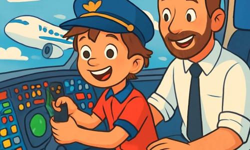 Een jonge jongen genaamd Bram, ongeveer 10 jaar oud, zit in de cockpit van een groot wit vliegtuig met blauwe strepen. Hij heeft rommelig bruin haar en draagt een blauwe pilotenpet. Zijn gezicht straalt van een grote glimlach, zijn ogen schitteren van opwinding en trots terwijl hij stevig het stuur van het vliegtuig vasthoudt. Naast hem zit de ervaren piloot, meneer Pieter, ongeveer 40 jaar oud, met een korte baard en een witte shirt met een zwarte stropdas. Hij glimlacht vriendelijk en kijkt trots naar Bram terwijl hij hem laat zien hoe hij het vliegtuig moet besturen. De cockpit is gevuld met kleurrijke knoppen, heldere schermen en hendels. Door de voorruit zie je een stralende blauwe lucht met enkele pluizige witte wolken, terwijl de grond daaronder een mozaïek van groene velden en kleine huisjes is. De belangrijkste situatie toont Bram die het vliegtuig voor het eerst bestuurt, met een vastberaden en blije uitdrukking op zijn gezicht. Het vliegtuig stijgt op en de opwinding van Bram is voelbaar terwijl hij de magie van het vliegen ontdekt.