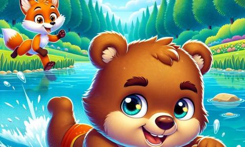 Al centro dell'immagine, un piccolo orso bruno di nome Bruno, con un pelo morbido e occhi brillanti di determinazione, nuota felicemente in un lago cristallino, spruzzando acqua intorno a sé. La sua espressione è piena di gioia ed eccitazione mentre si concentra sulla sua corsa. A sinistra, una volpe astuta con un pelo arancione vivace e una coda folta applaude con entusiasmo, gli occhi brillanti di ammirazione per Bruno. A destra, un piccolo coniglio bianco con grandi orecchie salta sulla riva, incoraggiando il suo amico con un grande sorriso. Sullo sfondo, un paesaggio incantevole di foresta verdeggiante, con alberi maestosi e fiori colorati che circondano il lago, sotto un cielo azzurro chiaro punteggiato di nuvole bianche e soffici. La scena mostra Bruno in piena competizione, che nuota con energia e determinazione, mentre i suoi amici lo incoraggiano con entusiasmo, creando un'atmosfera di cameratismo e gioia attorno allo sport.