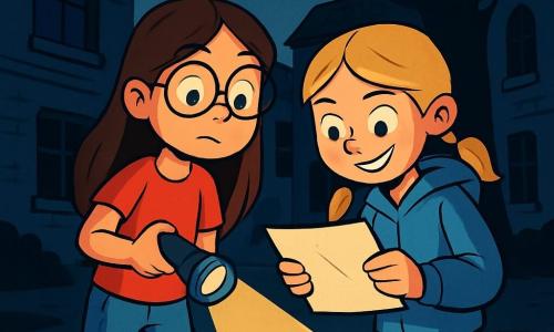 Hay 2 personajes principales: - Lucía: una niña de 9 años, con largos cabellos castaños y gafas redondas. Lleva una camiseta roja y un short de mezclilla. Sostiene una linterna en su mano derecha y mira a su alrededor con curiosidad. - Sofía: una niña de 9 años, con trenzas rubias y una sonrisa traviesa. Lleva una sudadera azul y pantalones negros. Está ligeramente delante de Lucía, examinando un misterioso papel que han encontrado. La situación principal ocurre en el patio de la escuela, sumido en la oscuridad de la noche. Los edificios son viejos, con paredes de ladrillos grises y ventanas oscuras. Sombras bailan en el suelo, creando una atmósfera emocionante y un poco aterradora. Al fondo, un gran árbol con ramas torcidas parece observar a las dos detectives. La escena muestra a Lucía y Sofía, listas para resolver un misterio. Se encuentran lado a lado, iluminadas por la luz de sus linternas, con expresiones decididas en sus rostros. El papel misterioso es visible entre ellas, y el aire está lleno de suspenso y aventura.