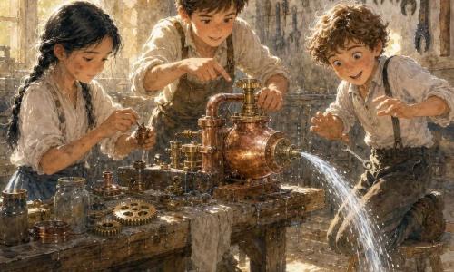 Hay tres niños de 11 años: Leo, cabello castaño corto y mirada atenta, en el centro junto a la mesa con una mano sobre un engranaje de latón y la otra señalando el montaje; Mara, pelo negro en trenza y mangas remangadas, a la izquierda, concentrada modelando un pequeño trozo de cobre con las manos manchadas de grasa; Tomás, cabello rizado y sonrisa traviesa, a la derecha, con una rodilla en un taburete, deja caer por accidente un pequeño útil metálico que brilla al caer. El taller es antiguo (1908), habitación de piedra con una gran ventana de cristales que filtra luz dorada, paredes con herramientas colgadas, una mesa de madera gastada con trapos, frascos, engranajes y un cubo de agua, suelo polvoriento con virutas y reflejos cobrizos. Los tres trabajan juntos para fijar una pequeña arandela/adaptador de cobre en una bomba de cobre macizo; la bomba acaba de accionarse y un chorro de agua clara forma un arco salpicando ligeramente el suelo; sus rostros iluminados por el brillo del agua muestran mezcla de concentración, sorpresa y alegría, en una atmósfera cálida con gotas, vetas de la madera y rayos de polvo visibles.