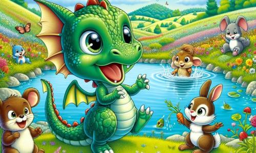 Flämmchen, ein kleiner Drache mit glänzenden grünen Schuppen und großen, neugierigen Augen, steht fröhlich am Rand eines wunderschönen Teiches. Er lächelt breit, mit ausgebreiteten Flügeln, bereit, ins frische Wasser zu tauchen. Neben ihm springt Mimi, eine kleine braune Maus mit großen Ohren und einer roten Schleife auf dem Kopf, vor Aufregung, ihre Augen strahlen vor Freude. Hopsi, ein Kaninchen mit großen weißen Ohren, steht etwas weiter hinten, lacht und hält eine Karotte, während Igor, ein kleiner Igel mit sanften Stacheln, schüchtern lächelnd auf einem Stein sitzt. Der Ort ist eine weite, blühende Wiese, von der Sonne beschienen, mit bunten Blumen in allen Ecken und fröhlich umherfliegenden Schmetterlingen. In der Ferne zeichnen sich grüne Hügel unter einem strahlend blauen Himmel ab. Die Hauptsituation zeigt Flämmchen und seine Freunde, die bereit sind, am Teich Spaß zu haben, umgeben von der Schönheit der Natur, ungeduldig darauf, ins Wasser zu tauchen und unvergessliche Sommerabenteuer zu erleben.
