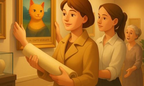Detective Nora, een dertiger met geconcentreerd, vriendelijk gezicht, levendige ogen en kort kastanjebruin haar, draagt een opgerolde schilderij voorzichtig en glimlacht zacht; Sanne, ongeveer 25, opgeluchte maar beschaamde blik, lang gebonden haar en licht gekreukte witte blouse, staat achter Nora met haar hand op het frame alsof ze helpt; mevrouw Van Dijk, rond de 60, grijs haar in een knot en een jurk met zachte motieven, staat rechts van Nora met licht geopende armen voor het aan de muur teruggehangen schilderij "De glimlachende poes"; de scène speelt zich af in een grote museumzaal met crèmekleurige muren, warme spots, glanzend parket, gouden lijsten, een vitrine en een potplant, in een sfeer van verzoening met goudkleurig licht op de gezichten en uitingen van opluchting en tedere gebaren.