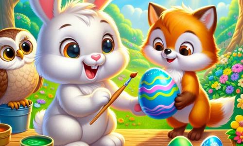 Ein kleiner Hase namens Hopsi mit weichem, weißem Fell, großen, hängenden Ohren und funkelnden Augen malt bunte Ostereier auf einem Holztisch. Er lächelt begeistert und hält einen Pinsel in einer Pfote. Neben ihm beobachtet eine weise Eule namens Edda mit braunen Federn und runden Brillen aufmerksam Hopsis Arbeit, ein wohlwollendes Lächeln auf ihrem Gesicht. Ein kleiner Fuchs namens Felix mit rotem Fell und neugierigen Augen steht etwas im Hintergrund und hält ein blau bemaltes Ei, fasziniert von den leuchtenden Farben. Die Szene spielt in einem sonnigen Garten voller blühender Blumen und üppigem Grün, mit einem großen Baum im Hintergrund, der Schatten spendet. Die Sonnenstrahlen beleuchten die bunten Eier auf dem Tisch und schaffen eine fröhliche, festliche Atmosphäre. Hopsi und seine Freunde bereiten sich auf die große Ostereiersuche vor, lachen und teilen Ideen für die besten Verstecke der Eier.