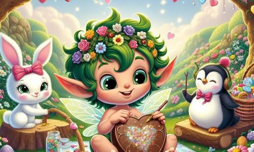 Un piccolo folletto dalle orecchie a punta, con capelli ricci verdi e un sorriso radioso, si trova al centro di un giardino incantato, circondato da fiori colorati e dolcetti. Sta decorando un grande cuore di cioccolato con brillantini, il suo viso che brilla di gioia ed eccitazione. Alla sua destra, una adorabile coniglietta bianca con occhi scintillanti e un bel fiocco rosa osserva con meraviglia, sorridendo e tenendo un mazzo di fiori colorati appena colti. A sinistra, un pinguino gioviale con piume blu e bianche e un piccolo cappello di carta si prepara a scrivere una poesia su un cuore di cartone, concentrato e felice, seduto su una coperta da pic-nic. Il giardino magico di Cuorilandia è pieno di fiori brillanti, caramelle sospese tra i rami e ghirlande di cuori nell'aria, con un cielo blu brillante e nuvole rosa. La scena principale mostra il folletto e i suoi amici che preparano un grande picnic di San Valentino, circondati da risate e colori, celebrando l'amicizia e l'amore in un'atmosfera festosa e gioiosa.