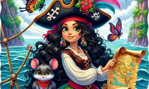 Eine Piratin, Kapitänin Ronja, steht stolz auf dem Deck ihres alten Schiffs, der "Schreienden Qualle". Sie hat lange, wellige, tiefschwarze Haare und trägt einen großen Piratenhut mit bunten Federn. Ihr Gesicht strahlt vor Entschlossenheit, ihre Augen funkeln vor Aufregung und Abenteuer. In einer Hand hält sie eine Schatzkarte und in der anderen einen alten Kompass. Neben ihr fliegt Keks, ein bunter und verspielter Schmetterling, fröhlich um sie herum. Er hat grüne und gelbe Federn und sein funkelnder Blick zeigt seine Begeisterung. Ein wenig weiter beobachtet Olga, eine kleine graue Maus mit einem roten Tuch, aufmerksam die Karte, ihre kleinen Pfoten auf dem Rand des Schiffs. Sie wirkt konzentriert und bereit zu helfen. Das Schiff liegt in einer ruhigen Bucht, umgeben von steilen Klippen und grünen Palmen. Der Himmel ist strahlend blau, mit fluffigen weißen Wolken, und die Wellen glitzern in der Sonne. In dieser Szene entdecken Ronja und ihre Freunde die Schatzkarte, gespannt darauf, sich auf das Abenteuer zu begeben, um den verlorenen Schatz zu finden. Die Aufregung und der Teamgeist sind spürbar, während sie sich auf die Reise ins Unbekannte vorbereiten.