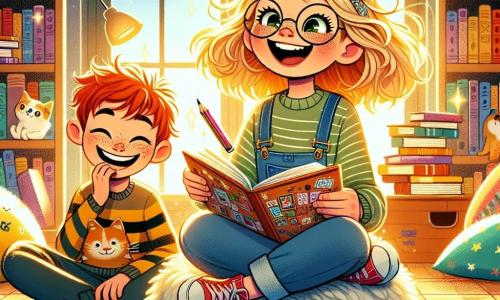 Dziewczynka w wieku 10 lat, Maja, z rozczochranymi blond włosami i dużą opalescencją, siedzi na miękkim pufie w kącie biblioteki. Ma promienny uśmiech i błyszczące oczy pełne ekscytacji, trzymając zeszyt wypełniony kolorowymi rysunkami i słowami. Obok niej jej przyjaciel Kuba, chłopiec w wieku 10 lat z rudymi włosami i piegami, uśmiecha się, czytając stronę swojego zeszytu. Otaczają ich książki z błyszczącymi okładkami, z ilustracjami kotów i przygód. Biblioteka jest jasna, z drewnianymi regałami pełnymi książek, kolorowymi poduszkami rozsypanymi na podłodze i oknami wpuszczającymi światło słoneczne. Maja i Kuba dzielą się swoimi historiami i razem się śmieją, ilustrując radość przyjaźni i kreatywności.