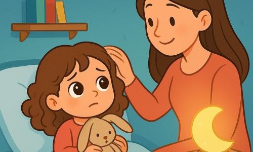 A 4-year-old girl with big bright eyes and curly brown hair is lying in her bed. She looks curious and a bit worried, tightly holding her soft, worn-out stuffed bunny. Next to her, her mother, a smiling woman in her 30s with long, smooth hair, sits on the edge of the bed, gently stroking her hair. The room is cozy, with pastel blue walls, golden stars stuck to the ceiling, and a soft light coming from a moon-shaped nightlight that gently illuminates the room. Colorful books are arranged on a shelf, and a plush rug is spread out on the floor. The little girl gazes at the nightlight with a mix of fascination and apprehension as her mother explains that darkness is not scary. The scene conveys a reassuring and gentle atmosphere, full of tenderness and warmth.