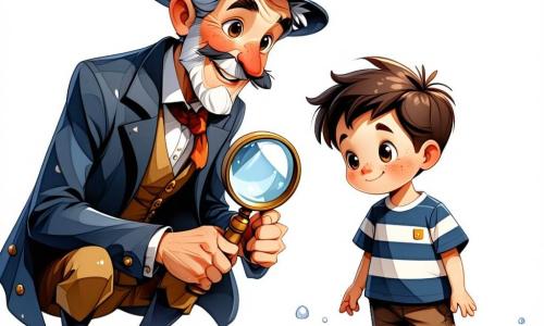 O personagem principal, o Senhor Miguel, é um homem de quarenta anos, com um chapéu de detetive engraçado e uma lupa na mão. Ele tem um sorriso travesso e olhos brilhantes de curiosidade, enquanto se inclina levemente para frente, observando atentamente o chão em busca de pistas. Ao seu lado, João, um garoto de 8 anos com cabelo castanho bagunçado e uma camiseta listrada, observa maravilhado os pétalas de flores espalhadas no chão, com as mãos na cintura. Maria, uma menina de 7 anos com lindas tranças e um vestido colorido, se agacha perto de um arbusto, pronta para explorar, com um olhar determinado. A cena acontece em um parque verdejante, cheio de árvores majestosas e flores vibrantes. Raios de sol passam pelas folhas, iluminando o chão coberto de pétalas. Ao longe, um pequeno caminho serpenteia, ladeado por arbustos floridos. A situação principal mostra o Senhor Miguel, João e Maria em plena investigação, examinando o chão em busca de pistas, enquanto um coelho branco curioso os observa de trás de um arbusto, segurando uma flor na boca.