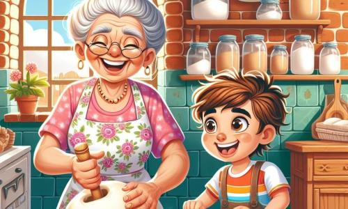 Dona Pão é uma mulher idosa, com cabelos grisalhos presos em um coque, olhos brilhantes de alegria e um grande sorriso caloroso. Ela usa um avental florido e está amassando uma massa de pão em uma mesa de madeira, suas mãos enfarinhadas se movendo com paixão. Ao seu lado, João, um menino de sete anos com cabelos castanhos bagunçados e olhos curiosos, observa maravilhado. Ele veste uma camiseta colorida e um short, segurando um pequeno rolo de massa, pronto para ajudar sua nova amiga. A cena acontece em uma charmosa cozinha da pequena vila de Pão Doce, com paredes de tijolos, prateleiras cheias de potes de farinha e utensílios de panificação, e uma janela aberta deixando entrar a luz do sol e o doce aroma do pão. Dona Pão e João compartilham um momento de cumplicidade, aprendendo juntos a arte da panificação, cercados por ingredientes coloridos e uma atmosfera alegre e acolhedora.