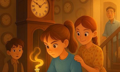 12-year-old girl, focused and determined, wide curious eyes, light brown hair in a ponytail, wearing a sky-blue sweater and jeans, gently placing a glowing glass vial that emits a ribbon of golden light into a round opening of a large walnut clock while Maisie, also about 12 with a playful attentive expression, vintage patterned dress and braid, stands behind ready to help, and Edwin, about 10 with tousled brown hair and a relieved, slightly intimidated look, watches from the bottom of a staircase; Edwin’s father, ~40, in rolled-up sleeves, stands surprised then softened in the doorway; setting: a warm antique clock room with walls covered in clocks, shiny wooden floor, golden light streaming through a large window revealing dust rays; mood: calm tension and repair, centered composition on the delicate gesture and round clocks, warm contrasting colors, soft textures, smooth gradients, clean lines and fine illustrated details in a modern childlike style.