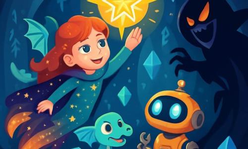A woman named Liora floats in space, wearing a beautiful shimmering cape made of comet tails. Her eyes shine like stars, and her face expresses joyful determination. She reaches out towards a glowing artifact, the Star Seal, which radiates a golden light. Beside her, a young dragon named Zephyr, with turquoise scales and translucent wings, flaps excitedly, ready to assist. A friendly robot named Bolt, with rounded shapes and bright eyes, observes curiously, holding a small tool in its metallic hands. The scene takes place in the Chamber of the Star Seal, a magical cave with sparkling walls adorned with ancient runes glowing softly. Crystals float around them, illuminating the space with a fairy-like light. Liora, Zephyr, and Bolt stand together, ready to confront a shadow wizard emerging from the darkness, creating an atmosphere of tension and adventure.