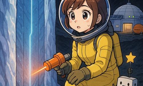 Around-30 female astronaut with a soft expressive face and short brown hair under a transparent visor, curious and cautious, large bright eyes, kneeling before a smooth door embedded in ice while holding a small orange cylindrical lidar; she wears a fitted lemon-yellow spacesuit with visible seams, thick gloves and crampon boots. Pip, a toaster-sized white matte robot with a “HELLO” sticker and two small brush-like arms, stands about ten paces behind her at the crater rim holding a star-shaped reflective marker. Background base: white domes, solar panels, blinking green lights, an open hangar door emitting warm light and the round orange “Pebble” capsule on a nearby pad. Location: dark lunar crater rim with granular black ground and silvery dust layers, ice walls with blue-purple highlights, a starry sky and a large purple gas planet on the horizon. Main scene: a rectangular door buried in the ice emits a thin soft blue glow along a central seam; the woman studies it intently without touching as the lidar projects a small visible beam, creating a safe yet mysterious mood with strong contrasts and vivid colors, composition centered on the door and her awed face.