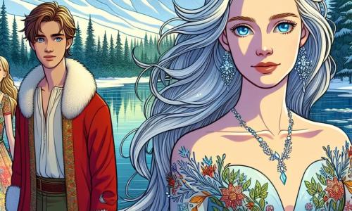 The Snow Queen, a majestic woman of ethereal beauty, stands by a shimmering lake, her long silver hair floating like snowflakes in the wind. Her face carries a gentle melancholy, her glacier-blue eyes reflecting deep wisdom and a quest for understanding. She wears a light blue satin dress adorned with ice crystals that sparkle in the morning sun. Beside her, Kai, an 18-year-old young man with chestnut hair and curious eyes, gazes at the lake in wonder. He is dressed in a red wool coat, contrasting with the winter landscape, and seems ready to share his thoughts with the queen. Not far from them, Gerda, a brave 16-year-old girl with blonde hair and bright eyes, approaches with a determined smile. She wears a colorful dress full of floral patterns, evoking spring, and holds a small glowing talisman in her hand, symbolizing their quest. The setting is an enchanting landscape where ice and greenery meet. The deep blue lake is surrounded by majestic fir forests, while colorful flowers begin to bloom around them, signaling the end of winter. The main scene shows the Snow Queen, Kai, and Gerda gathered by the lake, contemplating the sparkling talisman, a symbol of their friendship and courage. They stand together, ready to face the mysteries of their story and discover the magic of a world in full renaissance.