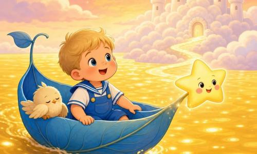 A smiling 2-year-old blond boy with round cheeks and bright eyes, wearing blue overalls and a white striped shirt, sits in a large blue leaf-sail that floats on a liquid-gold sea. A friendly pale-yellow star with pink cheeks flies ahead of the bow, lighting the way. A small fluffy cream bird with soft wings perches on the leaf’s edge near the boy, eyes half-closed. In the background, white puff clouds form a tall rounded cloud castle; soft sunset light, warm magical atmosphere, pastel colors, rounded lines, centered composition with a slightly elevated perspective.
