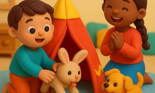 A 2-year-old boy with a round face, rosy cheeks and big bright eyes, joyful and surprised, pulls a white-and-brown plush Bunny from a small red-and-yellow teepee; his older sister Mia, about 6, with brown braided hair and an enthusiastic smile, sits beside the teepee gently clapping; their puppy Woof, small with shiny golden fur and tongue out, jumps at the teepee entrance; Bunny is soft, light brown with a pink nose, half out of the teepee; the colorful child's bedroom has a light-blue rug, wooden toy chest, multicolored cushions and warm morning light — a happy discovery moment.