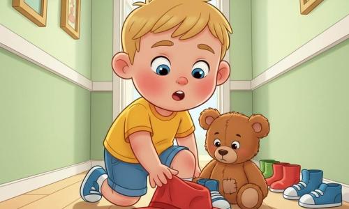 A 2-year-old boy, smiling but focused, with short blond hair, big bright blue eyes and round cheeks, wearing a yellow T-shirt and denim shorts, crouches and reaches for a small vivid red hat near shoes; a soft, slightly worn brown teddy bear sits beside him with a paw on a shoe; a narrow, bright hallway with light wood floor, pastel green walls with low picture frames and a row of colorful shoes near a low coat rack; the slightly crushed red hat sits in front of small blue sneakers as rays of light fall from a low window; the boy looks curious and delighted, eyebrows raised and mouth slightly open; style: 3D cartoon cel-shading, saturated colors, soft textures, sharp outlines, centered composition readable for 2-year-olds.