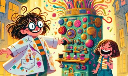 Een jonge vrouw genaamd Vera, met messy haar en beslagen ronde brillen, glimlacht vrolijk terwijl ze een vreemde, kleurrijke machine vol knoppen en glitters vasthoudt. Ze draagt een te grote laboratoriumjas, bedekt met verf- en lijmvlekken, en lijkt opgewonden over haar bizarre uitvinding. Naast haar lacht Isa, een 10-jarig meisje met bruin, krullend haar, terwijl ze een paar kleurrijke sokken vasthoudt. Ze is gekleed in een gestreept T-shirt en een spijkerbroekshort, en staat met een vrolijke en nieuwsgierige blik dicht bij Vera. De setting is in een magisch stadje genaamd Fabeldonk, waar bomen in spiralen groeien en zonlicht door glinsterende bladeren filtert. De grond ligt bezaaid met sokken in alle kleuren, en confetti zweeft in de lucht, wat een feestelijke sfeer creëert. De hoofdactie toont Vera die aan de grote hendel van haar sokkenmachine trekt, terwijl een explosie van confetti en gelach uit de machine komt, waardoor een sok door de lucht vliegt en algemene hilariteit veroorzaakt.