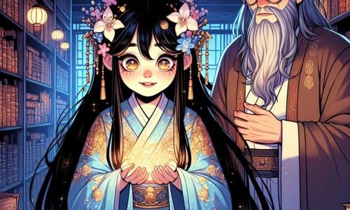 A young woman, Li Mei, stands at the center of the stage, her eyes shining with curiosity and excitement. She has long black hair braided with white flowers and wears a sky-blue silk dress adorned with golden patterns. In her hands, she holds an ancient scroll that glimmers with a mysterious light. To her right, Master Shen, an elderly man around 60 with a long gray beard and round glasses, observes Li Mei with a look that is both worried and wise. He is dressed in a traditional brown robe, his hands clasped behind his back, standing in a protective posture. The setting is an ancient library filled with colorful book covers and paper lanterns that cast a soft glow. The dark wooden walls and shelves laden with old grimoires extend to the ceiling, creating a mysterious and magical atmosphere. The main situation shows Li Mei discovering the forbidden scroll, her face illuminated by its glow, while Master Shen, concerned, approaches her, aware of the dangers this ancient knowledge holds.