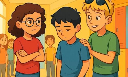 Há 3 personagens: - Lara: uma menina de 11 anos, com cabelos castanhos e cacheados, usando óculos redondos e tênis amarelos. Ela está à esquerda, com os braços cruzados, mostrando uma expressão determinada. - Miguel: um menino de 11 anos, com cabelos pretos e curtos, vestindo uma camiseta azul e um short. Ele está no centro, olhando timidamente para o chão, com uma mão no bolso. - Tomás: um menino de 11 anos, com cabelos loiros e óculos de sol na cabeça, vestido com uma camiseta verde e jeans. Ele está à direita, com um sorriso encorajador, pronto para apoiar seus amigos. O local é um corredor escolar iluminado, com paredes pintadas de amarelo e armários coloridos. Há cartazes de desenhos de crianças decorando as paredes, e janelas que deixam entrar a luz do sol, criando uma atmosfera acolhedora. A situação principal mostra Lara, Miguel e Tomás conversando seriamente. Lara segura um papel na mão, enquanto Miguel parece nervoso, e Tomás tem uma expressão protetora. Eles estão cercados por outros alunos que os observam, criando um momento de tensão, mas também de solidariedade.