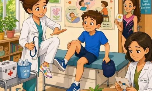 Uma médica, doutora Sofia, rosto arredondado e sorriso caloroso, cabelo castanho preso em coque, de jaleco branco e ténis coloridos, observa com atenção um menino de cerca de 9 anos, Lucas, sentado na mesa de exame com t-shirt azul e short, levantando a perna para mostrar o joelho; ela segura um estetoscópio e demonstra um alongamento com gestos claros e acolhedores. Ao fundo, a ginasta Ana Rita, 12 anos, sorri segurando um autocolante, e a colega doutora Ana, ~35 anos, examina fichas sentada numa mesinha; o consultório é luminoso e colorido (paredes creme com desenhos infantis, pôster multicolor 