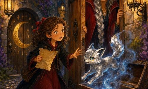 Una apprendista strega di 7 anni, viso tondo e lentiggini, capelli castani ricci legati con un nastro rosso, sguardo meravigliato e un po' ansioso, tiene una lettera su pergamena ingiallita e spinge una pesante porta di legno intagliato; dietro la porta una donna adulta (la mediatrice), alta, capelli argento in lunga treccia, occhi ambra, cappotto rosso scuro, sorridente e protettiva con una mano sullo stipite; una piccola volpe d'argento dal manto metallico e occhi stellati salta fuori da un grande forziere di legno al centro; vicolo stretto lastricato di ciottoli lucenti, muri di pietra coperti di muschio viola, lampade a olio sospese, porta rotonda con grande simbolo di luna dorata e rune incise; la porta si apre lentamente, una luce fumo blu-argentea esce dal forziere, la bimba tende la mano verso la volpe emergente; atmosfera magica, colori caldi con riflessi blu-argentei; stile pittura acrilica con pennellate visibili, texture spesse e palette di ocra, rossi intensi, verdi muschio e blu metallici, illuminazione soffusa e fiabesca.